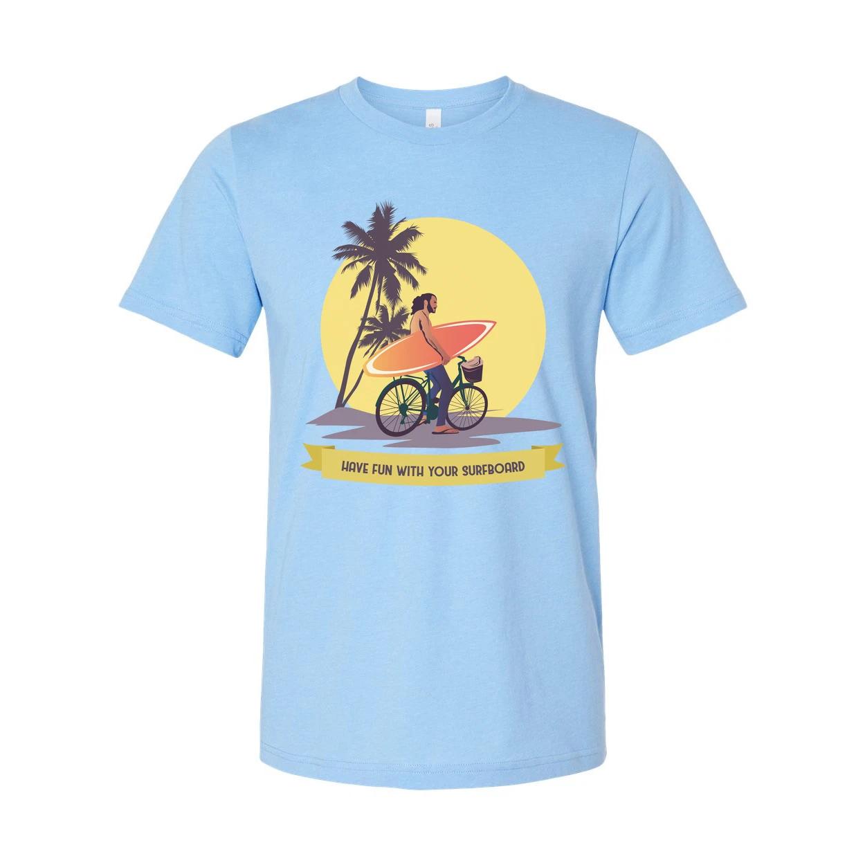 Unisex Surfing Graphic T Shirt With Palm Trees Sunset And Surfboard Illustration S