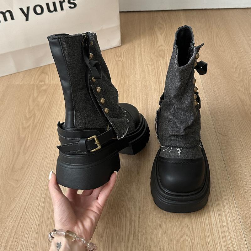 

Женские ботильоны на толстой подошве 2025 новая осень и зима западный ковбой короткие ботинки луговые британский стиль ботинки мартин высокий каблук толстый каблук 40 чёрный