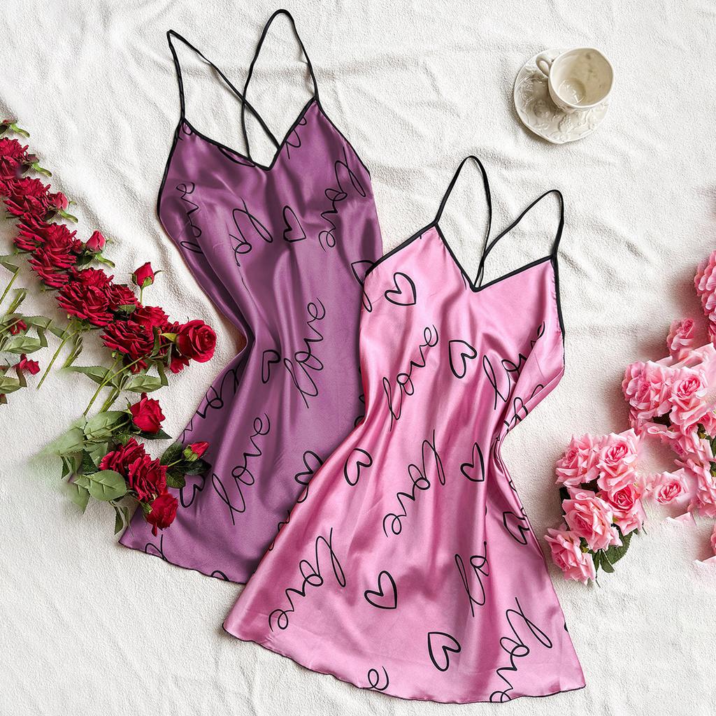 2 Stylish and Breathable Silk Print Slip Nightdress Sexy Halter Pajamas