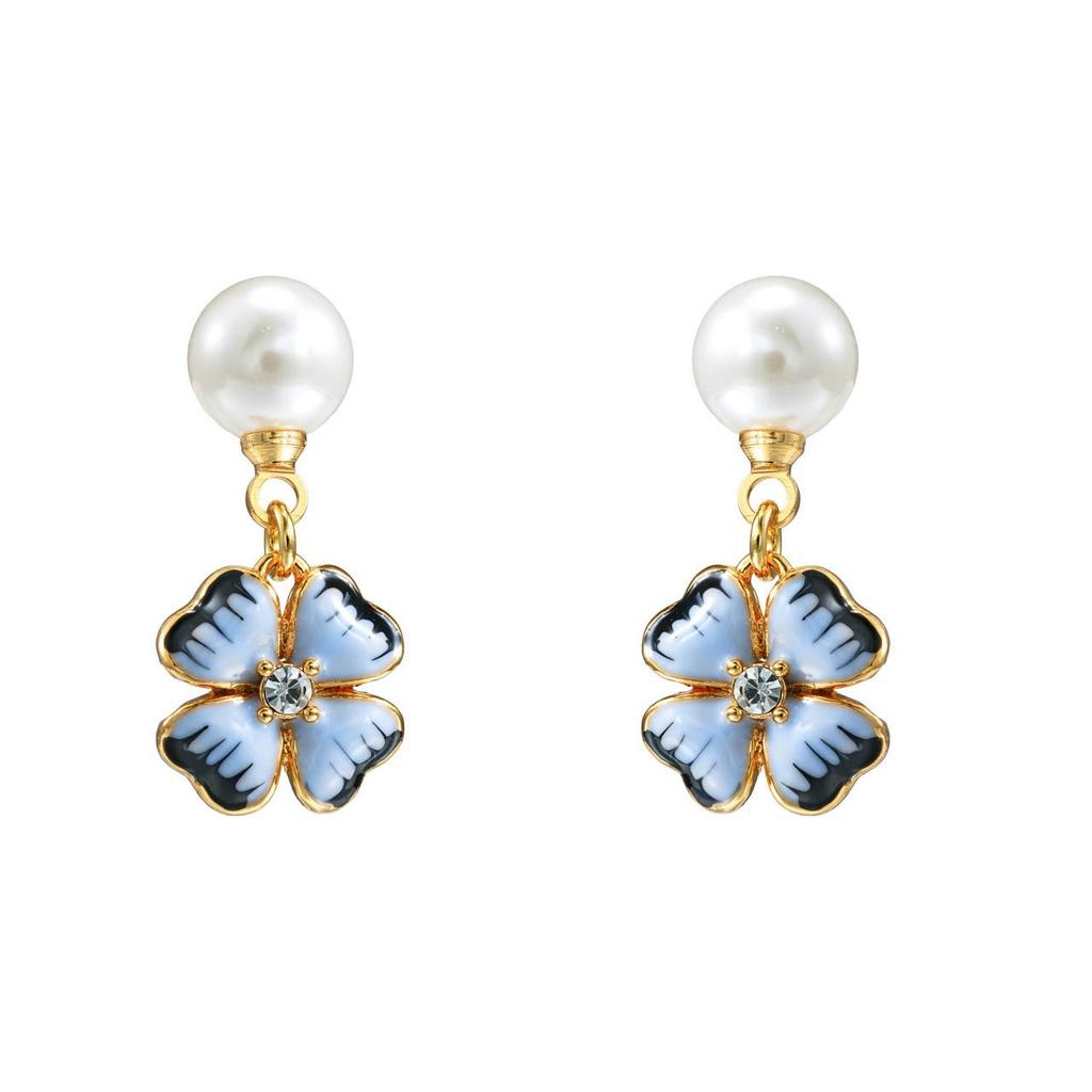 Chinese Enamel Freesia Pearl Tassel Earrings - Four-Leaf Clover Silver Studs for Women