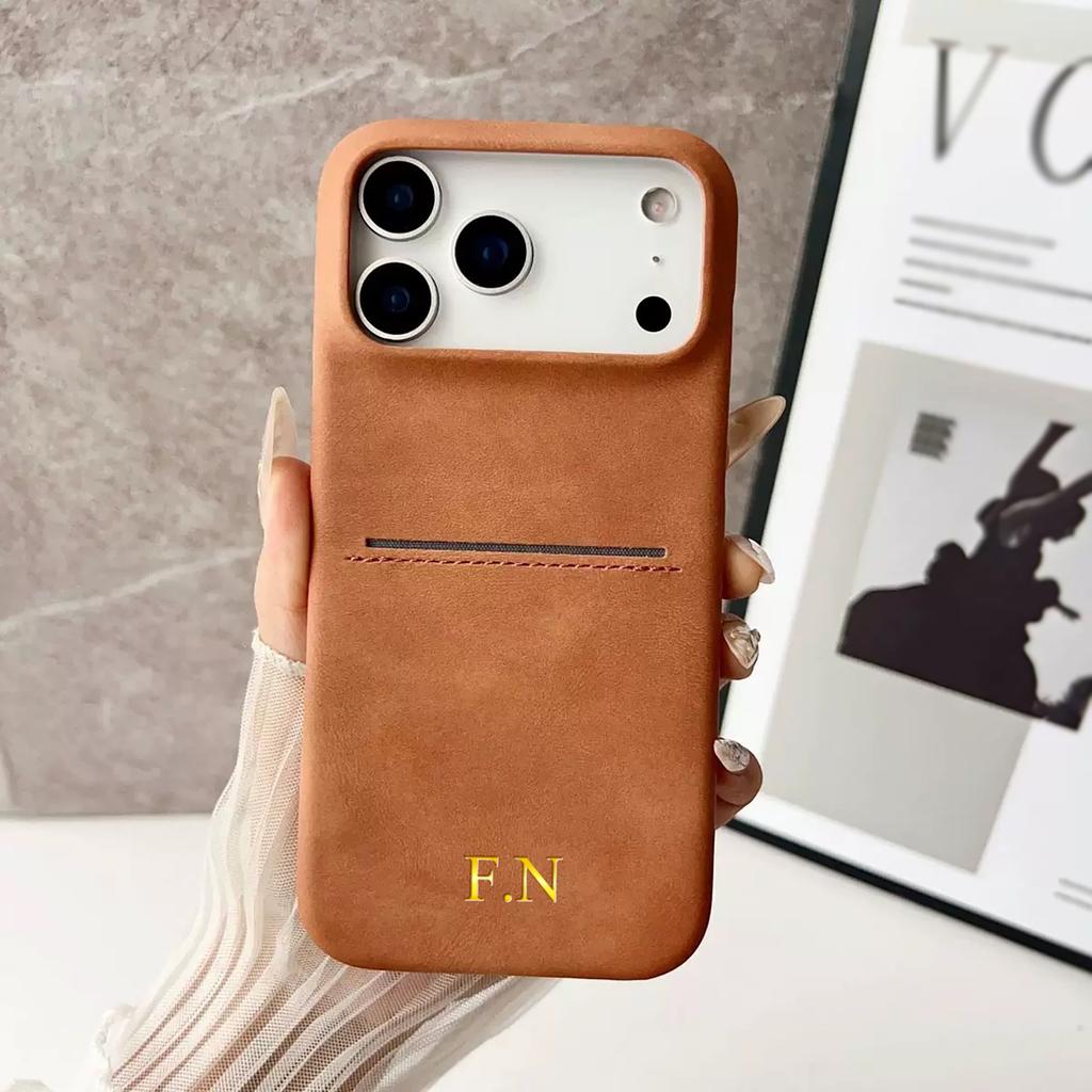 Personalized Vintage Faux Leather Insertable Card Case for iPhone 17 16 15 14 13 Pro Max Air Custom Name Hot Gold Foil Stamping