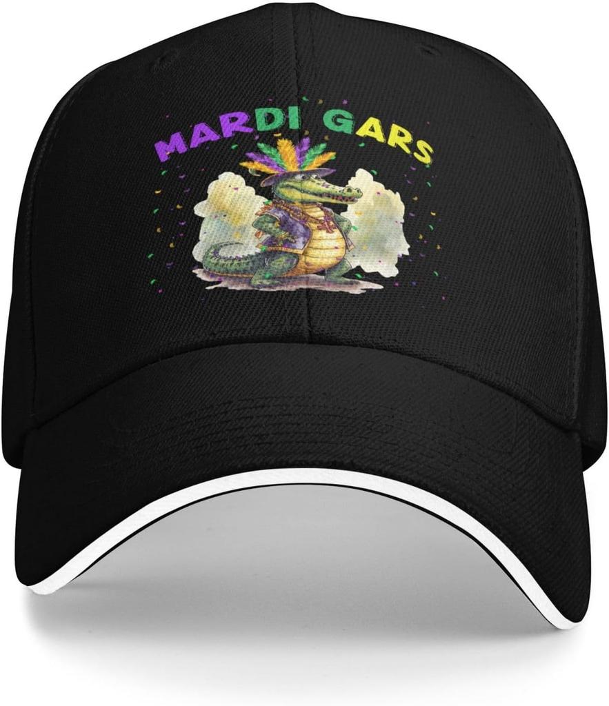 Mardi Gras Gator Baseball Cap Polyester Adjustable Unisex Casual Print Hat for Adults