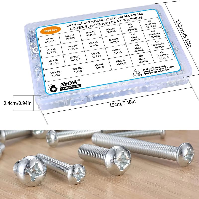 1080pcs Screws Bolts and Nuts Assortment Kit, Metric Machine Screws and Nuts and Flat Washers, M3/M4/M5/M6