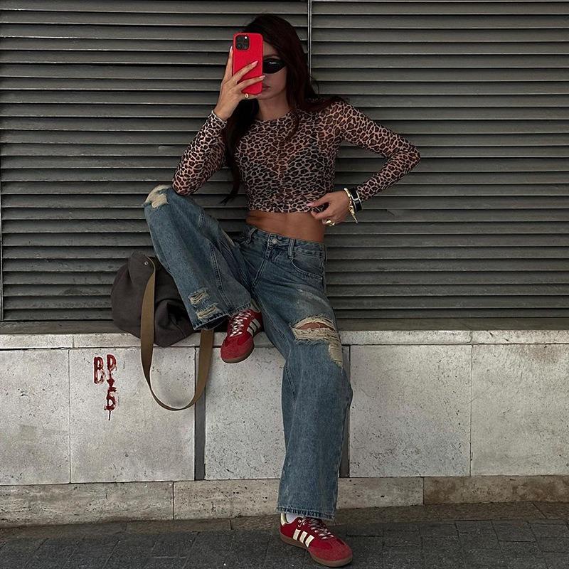 Sexy European Style Women Leopard Print Mesh See Through Long Sleeve Crew Neck T Shirt Top