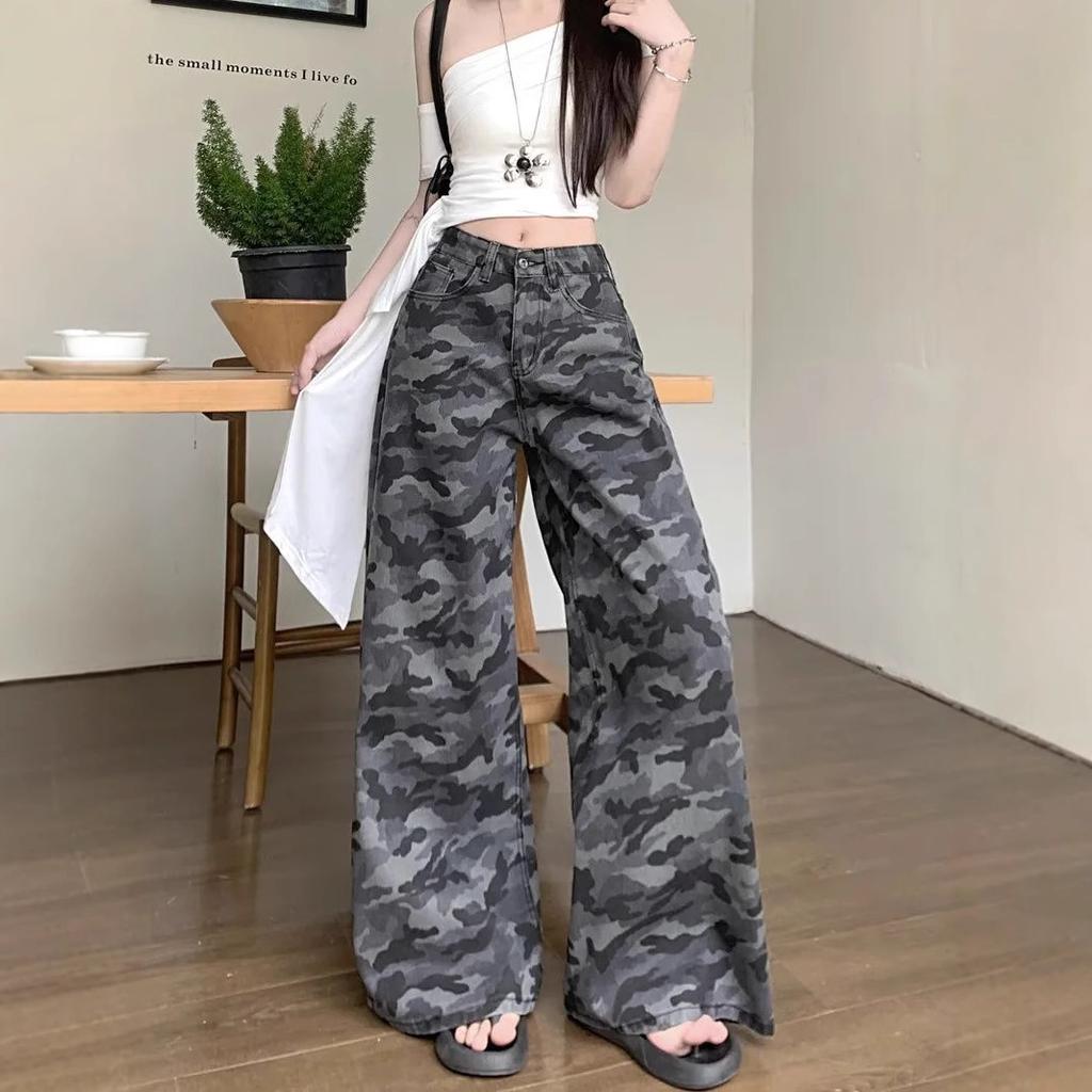 Women's High Rise Camo Print Jeans Wide Leg Loose Fit Streetwear Cargo Denim Trousers