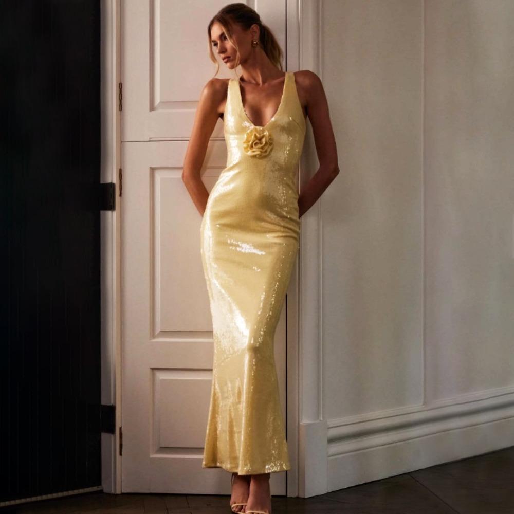 Women's V Neck Sleeveless Maxi Dress Slim Fit Mid Rise Sexy Solid Sequin Mermaid Evening Gown