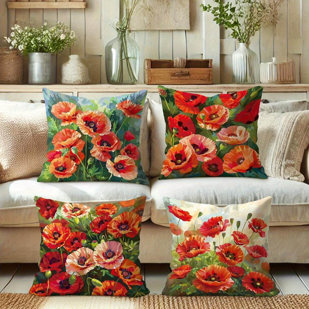 Home Decor Colorful Poppy Flower Pillow Covers For Home Pattern Cushion Cover Suitable For Sofa Bedroom Car Pillow Cover
