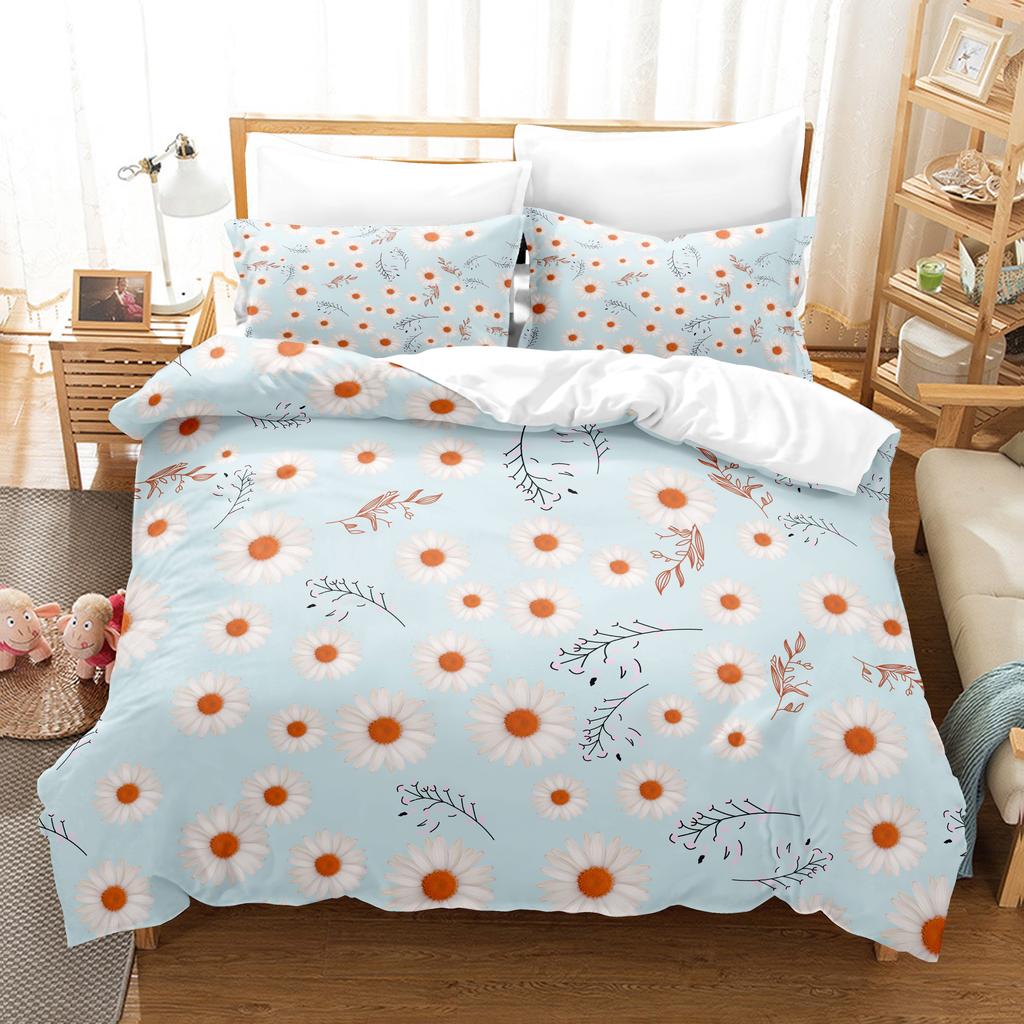Chrysanthemum Duvet Cover Set Queen Size Bedding Set Stylish Decor Pastoral Comforter Cover+Pillowcases Blossom Soft Microfiber