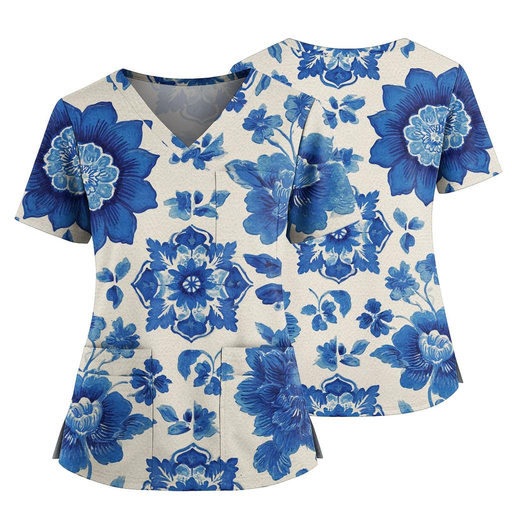 Damen Casual Bedrucktes V-Ausschnitt Taschen Seitennaht Schlitz Kurzarm Top