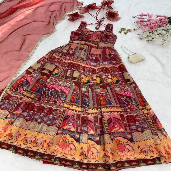 Maroon Multi-Print Traditional Lehenga Set with Dupatta