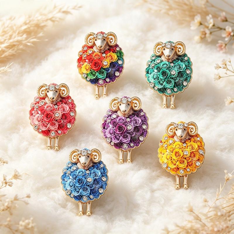 1Pcs Lovely Flower Sheep Brooches For Women Unisex 6-Color Rhinestone Year Of The Sheep Animal Party Office Brooch Pin Gift