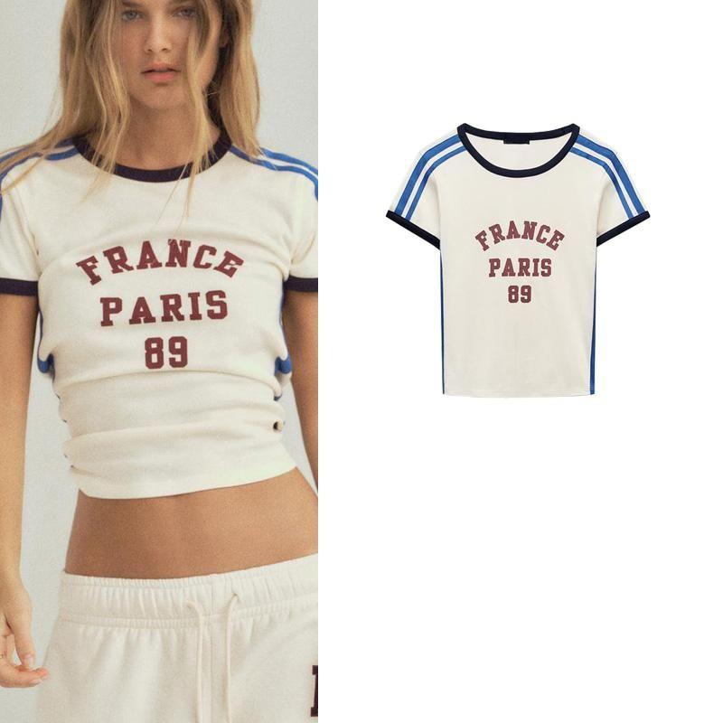 Fall and Winter New Arrival Women's Digital Print Stripes with Decoration Preppy Style round Neck Short Sleeve Cotton T-shirt 5643814