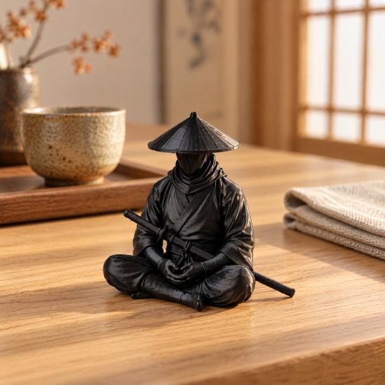 Tea Room Zen Decoration Japanese Samurai Warrior Statue, 3D Printed Ninjas Figurine, Sit in Meditation Entrance Hall Statuette Sculpture for