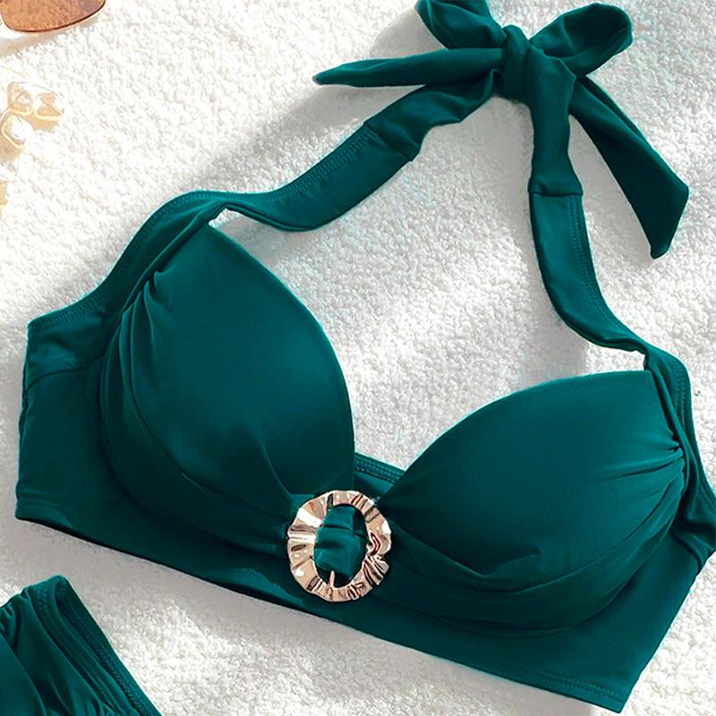 2025 Women's Sexy Solid Color Halter Tie-Up Bikini Swimwear