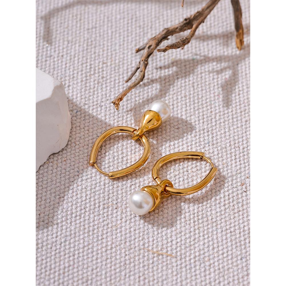 Yhpup Removable Stainless Steel Geometric Imitation Pearls Drop Hoop Earrings Gold Color Fashion Elegant Daily Jewelry for Women
