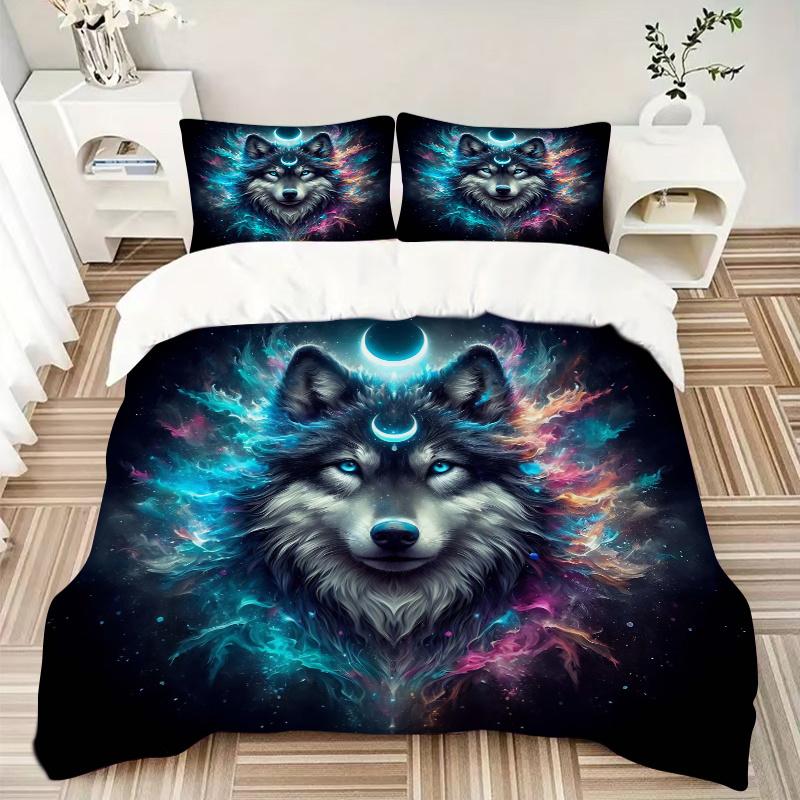 3pcs Moons and Vibrant Cosmic Flames Wolf Quilt Cover Set - Soft and Cozy Bedroom, Guest Room and Dorm Decorative Bedding