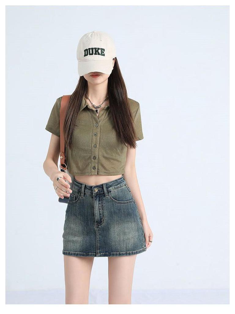 2025 Spring/Summer Women's Retro Denim A-Line Bodycon Mini Skirt