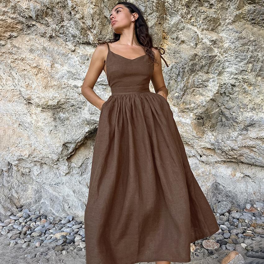 French Khaki Cotton Linen Breathable Halter High Waisted Dress Holiday Style Long Skirt Woman