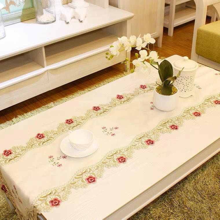Pastoral Embroidered Table Flag Spring Flower Polyester Hollow Strip Fabric Home Coffee Table Tablecloth Table Flag
