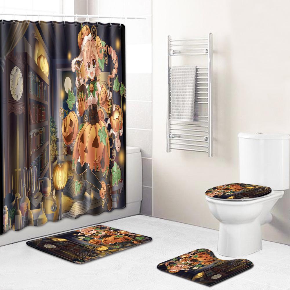 Halloween Shower Curtain Floor Mat Combination Four-Piece Set Bathroom Toilet Carpet Shower Room Mat Foot Mat