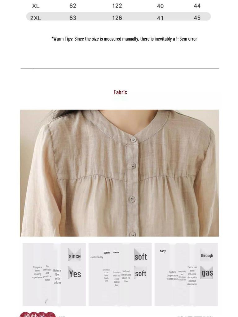 Summer Cotton Linen Casual Women's Blouse - Lightweight, Loose, and Slimming Seven-Sleeve Sunscreen Top