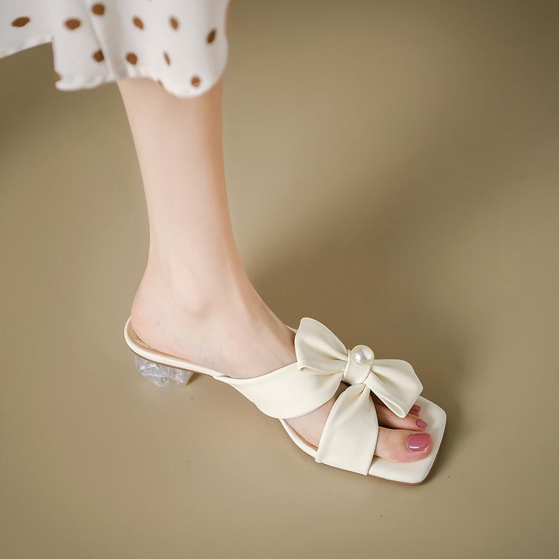 

Модные женские шлепанцы с квадратным носком, босоножки на каблуке с бантом, женская обувь 2025, модные летние туфли для платья с мелким вырезом, удобные мягкие кожаные шлепанцы 35 бежевый