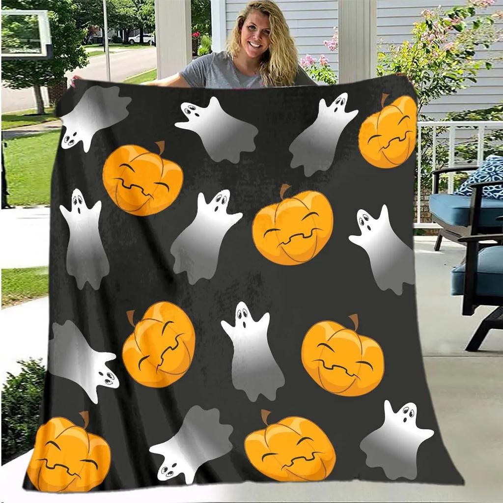 Halloween Ghost Pumpkin Cartoon Digitalprinted Polyester Velvet Flannel Cover Blanket Fleece Soft Sofa Cover Blankets for Beds