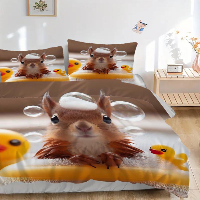 3pcs Anime Squirrel with Duck Bath Time Bedding Set - Includes One Quilt Cover and Two Pillowcases (No Core) - Polyester Fabric - Suitable f