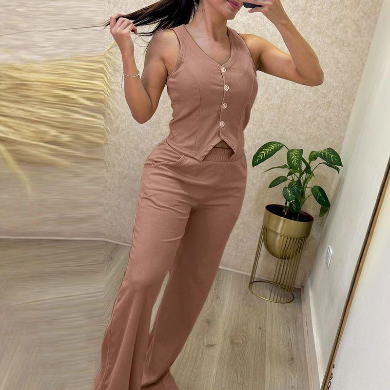 

Solid Sunken Stripe Rib V-neck Single-Breasted Commuter Leisure Set V-Neck Top and Pants Set Brown XL