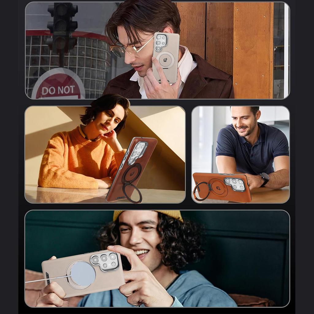 For Samsung Galaxy S25 S24 S23 Plus Ultra Case Matte Leather Microfiber Lining 360° Rotation Metal Stand Full Back Soft Cover