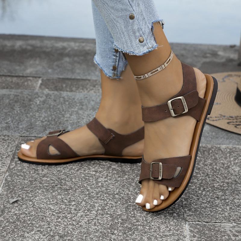 Zehensandalen in Übergröße mit flachem Absatz und Einzelriemen mit Schnalle - Damenschuhe