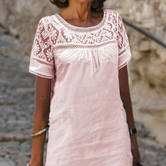 Women's Summer Beach Short Dresses Short Sleeve Round Neck Lace Mini Dress Casual Loose Cotton Linen Sundress