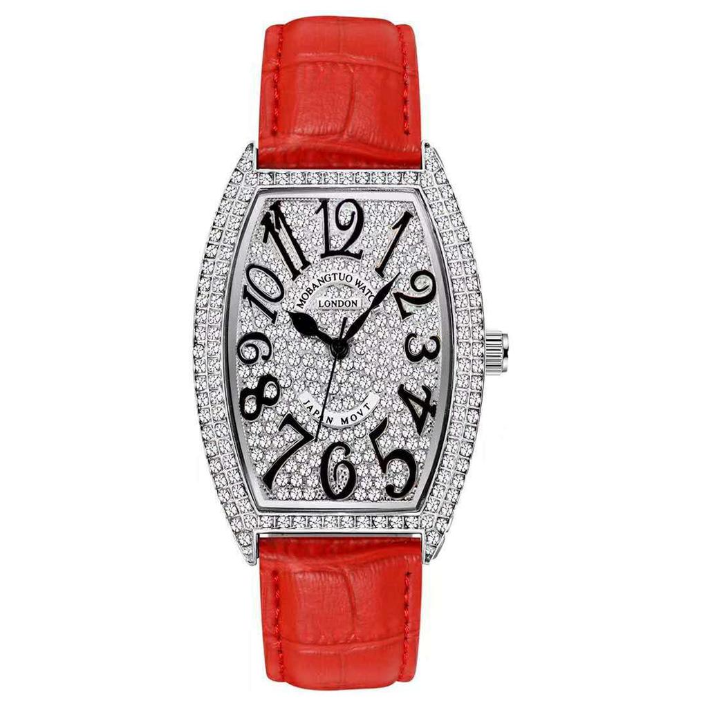 Voll Diamant Digitales Zifferblatt Mode Damen Armbanduhr Weinfass Lederarmband Studenten Trend Uhr