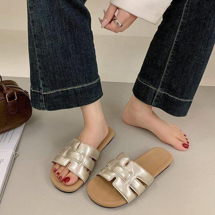 

Простые крутые шлепанцы на низком каблуке для женского лета, новые, высококлассное плетение, модная атмосфера, универсальные повседневные шлепанцы для женщин 40 шампанского