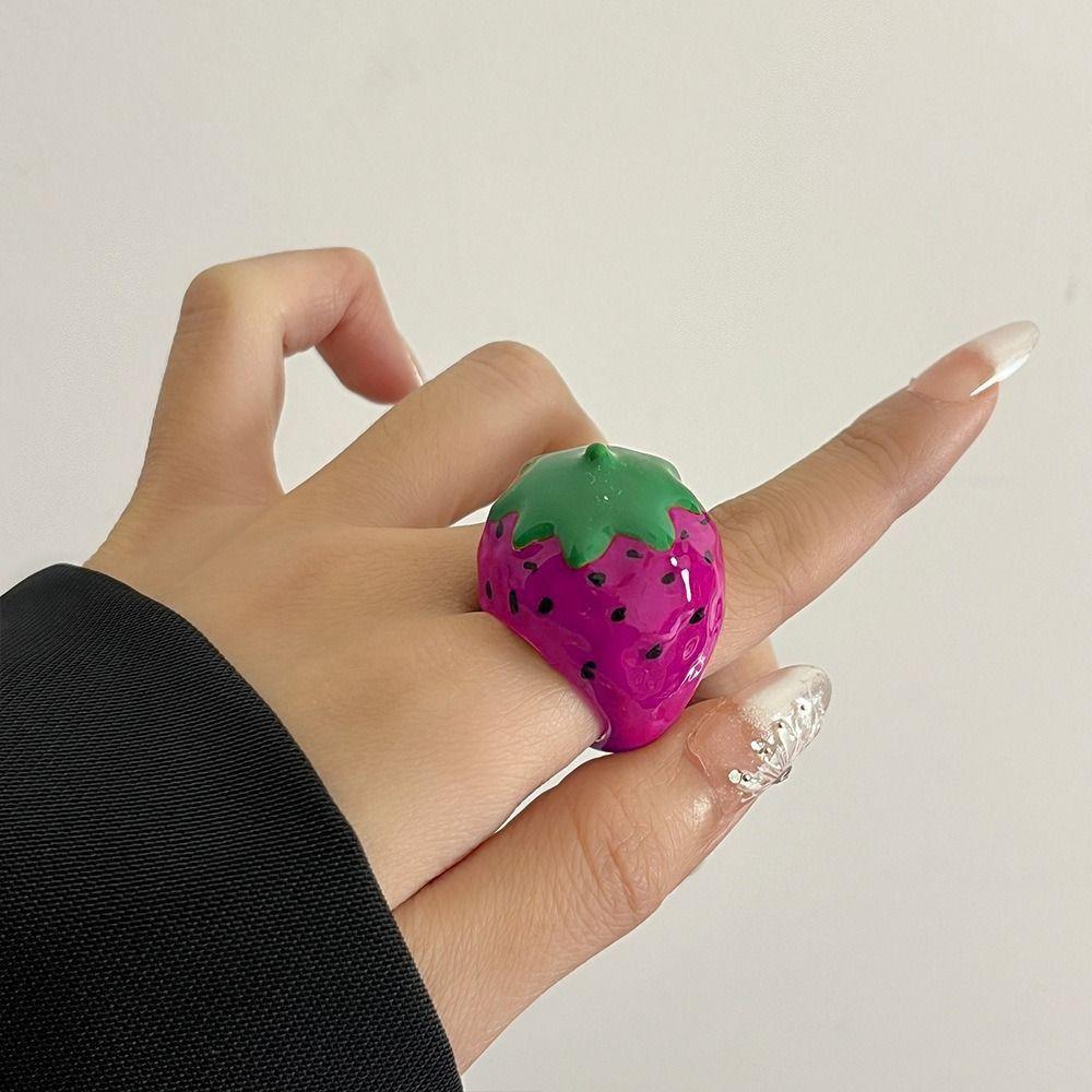 Geometric Drip Oil Ring Strawberry Fruit Enamel Ring Cute Painting Ring  Decoration