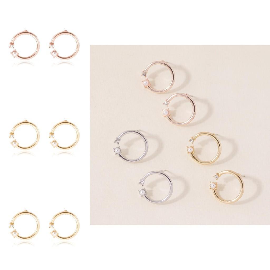 Elegant Pearl Alloy Stud Earrings Womens Geometric Design Modern Fashion