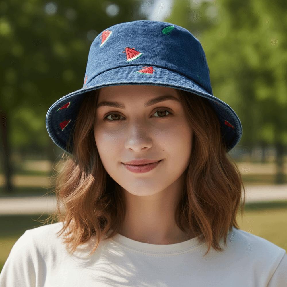 Fashion Watermelon Strawberry Embroidered Denim Bucket Hat Butterfly Pattern Wide Brim Denim Fisherman Hat Beach Hat Travel