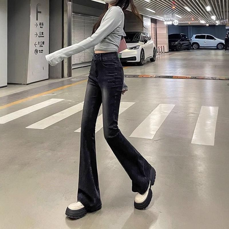 Women's Black-Gray Micro-Flare Jeans: 2024 Autumn High-Waisted Slimming Fit