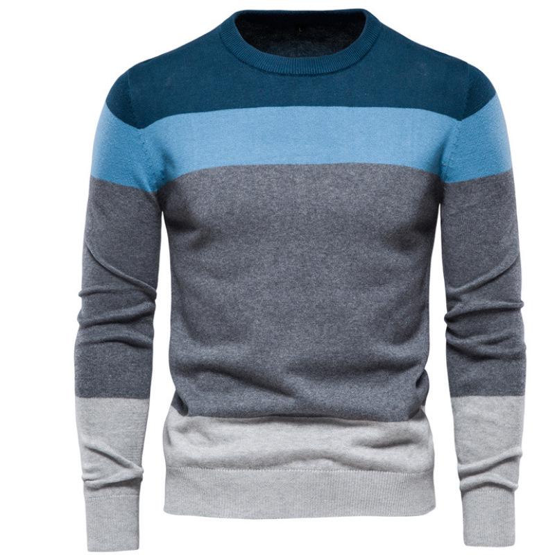 Men's Striped Knit Pullover Sweater - Youth Style, Round Neck, Spring/Autumn Wear