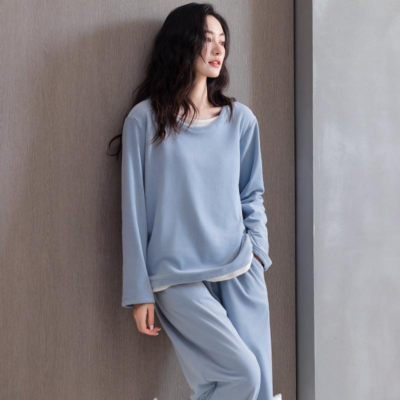 Island Fleece Pajamas Women'S Autumn And Winter Coral Fleece Thin Fleece Long-Sleeved Casual Fake Two-Piece Set Head Loungewear Set
