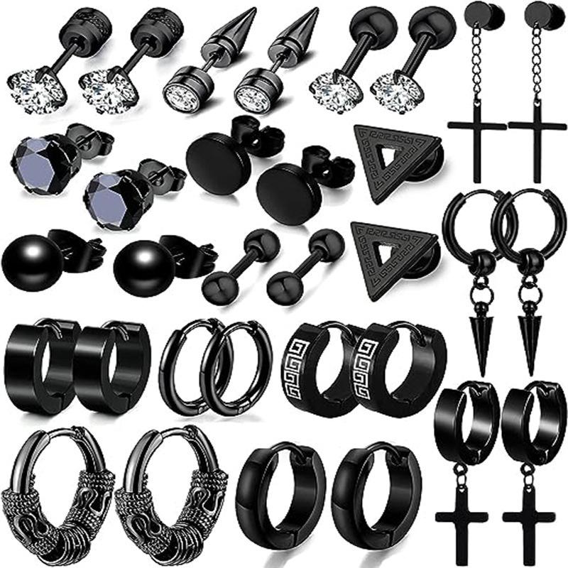 16 Pairs of Men's Earrings Set Black Stainless Steel Pendant Earrings Trend Piercing Jewelry