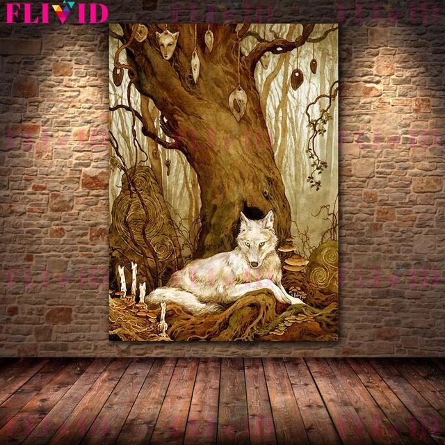 The White Deer Spirit and the White Wolf In the Forest "Retro Mural Art, Oil Painting, Magical Animal Art Poster