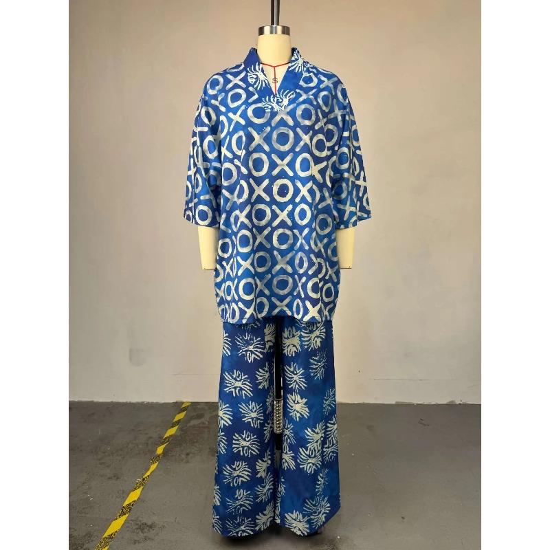 Women Pant Set Two Piece Sets V Neck Bat Sleeve Print Wide Leg Long Pants Casual Loose Elastic Waist Y2k Streetwear