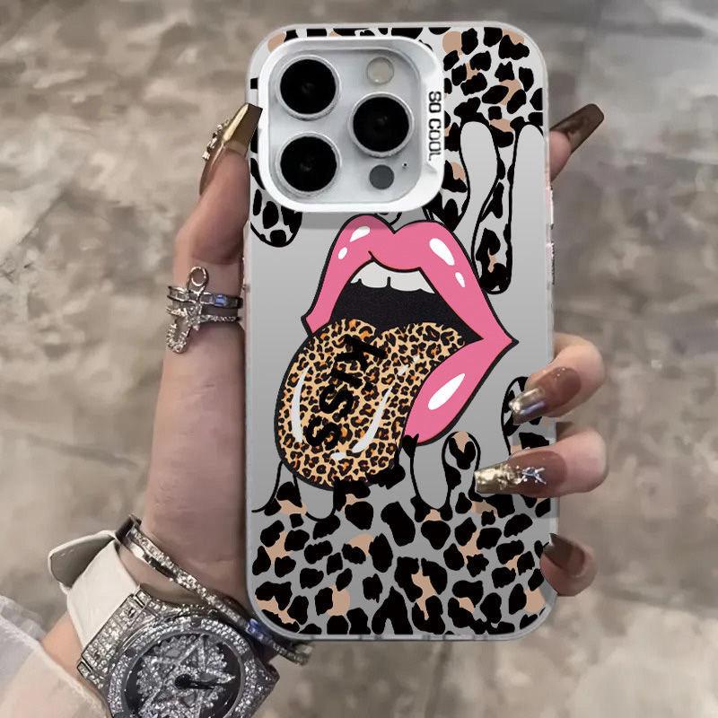 Red Lip Phone Case For iPhone 16 15 14 13 12 11 mini Pro Max X XR XS 8 7 Plus Anti Fall Matte Back Lip Leopard Print Cover