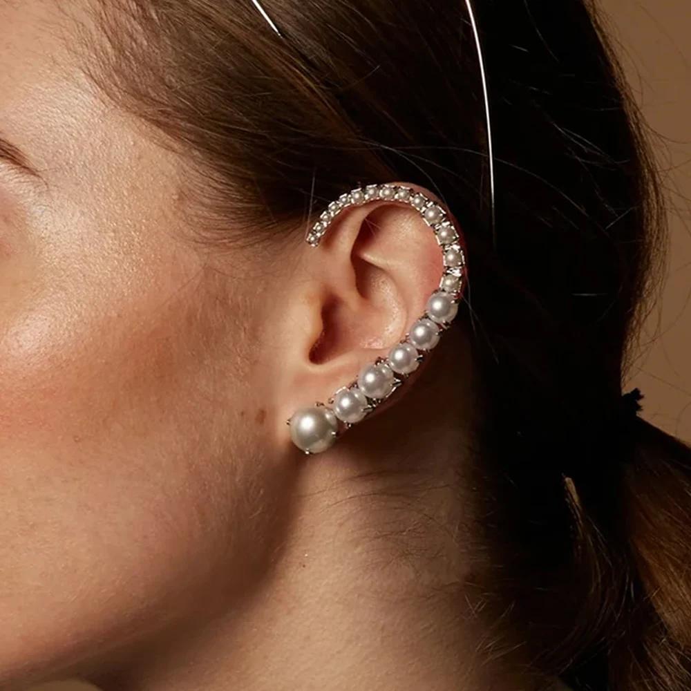 Elegant Imitation Pearl C-shape Symmetry Ear Cuff for Women Gold Plated No Piercing Clip Earrings Brides Wedding Jewelry