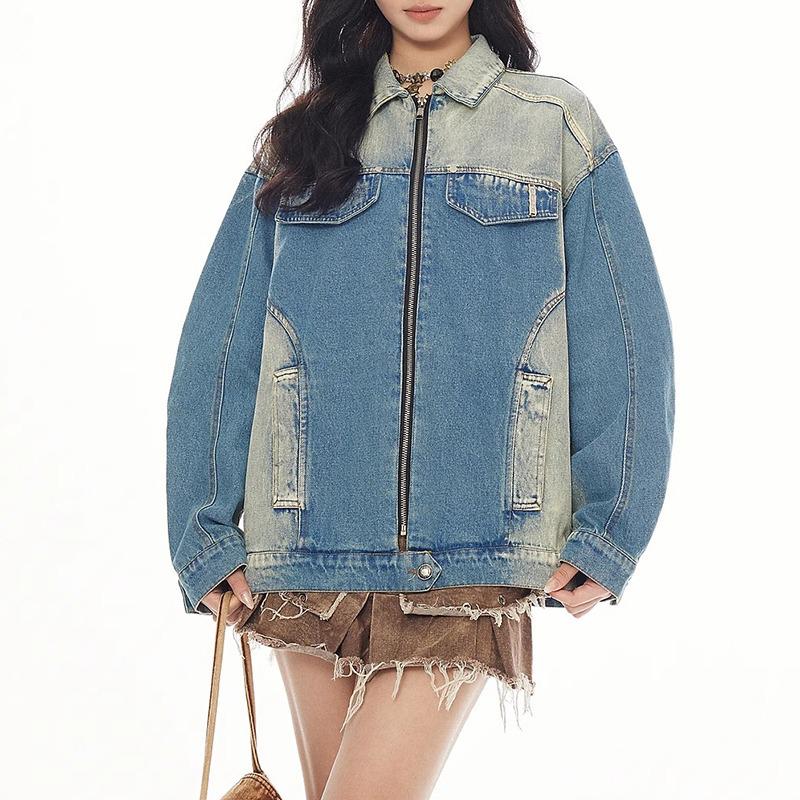 

Женская джинсовая куртка американской стирки большого размера - Модная, потертая, свободного кроя для весны и осени L