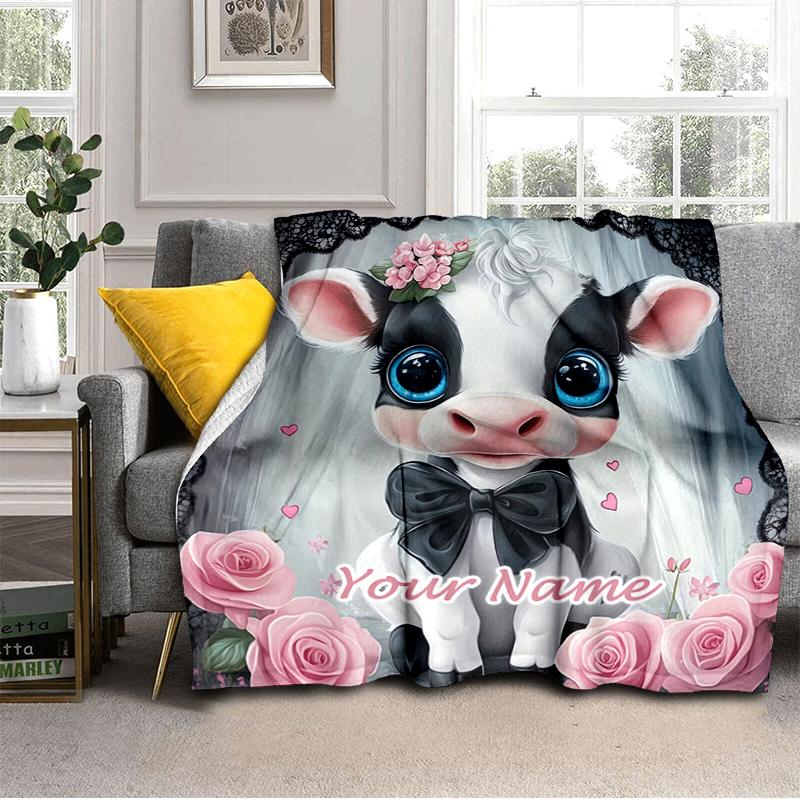 1PC Custom Name "Romantic Cow Flowers" Flannel Blanket Versatile, All-season Throw Suitable for the Living Room, Bedroom, Camping, Travel, and Gift