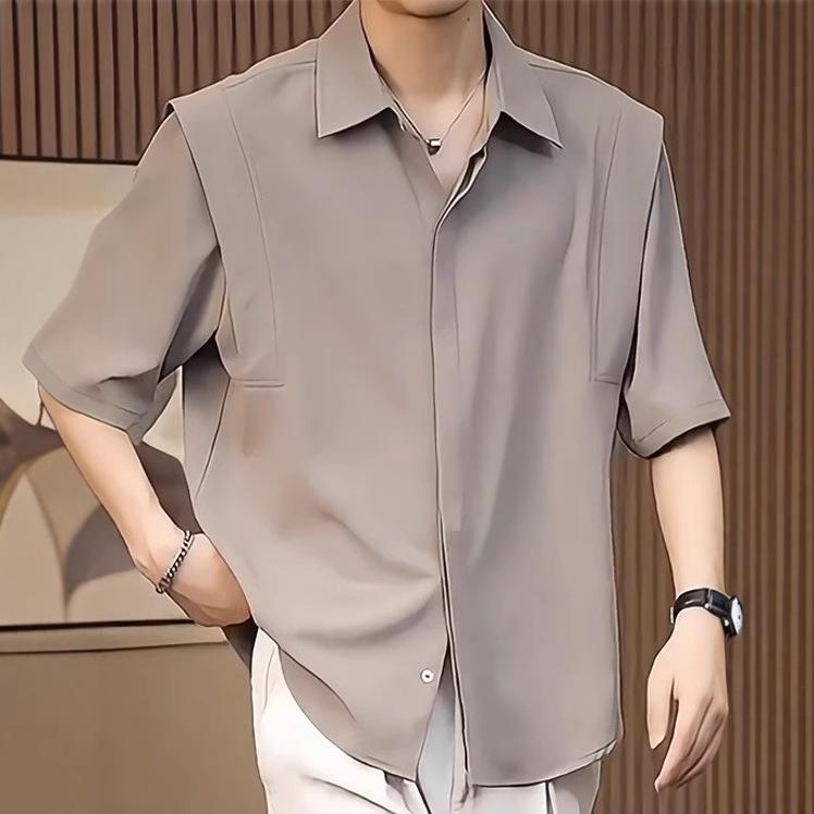 Nová splývavá košile s krátkým rukávem z ledového hedvábí Pánský letní top s polovičním rukávem Korejská jednobarevná bez rukávů se středním rukávem Podšívka