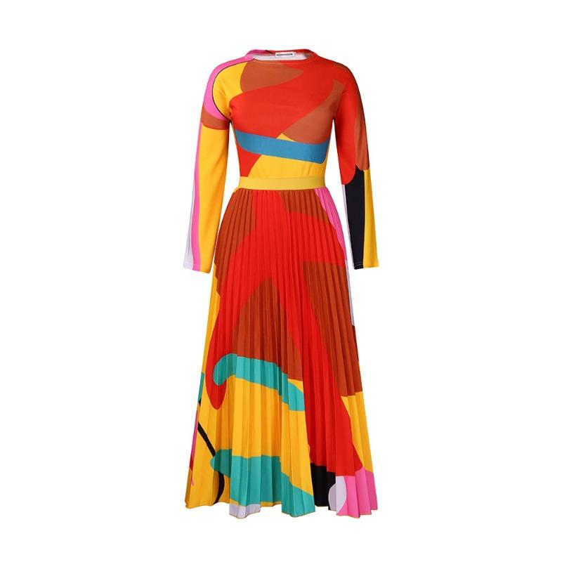 Autumn pleated print contrasting color suit long-sleeved top fashion skirt two-piece set