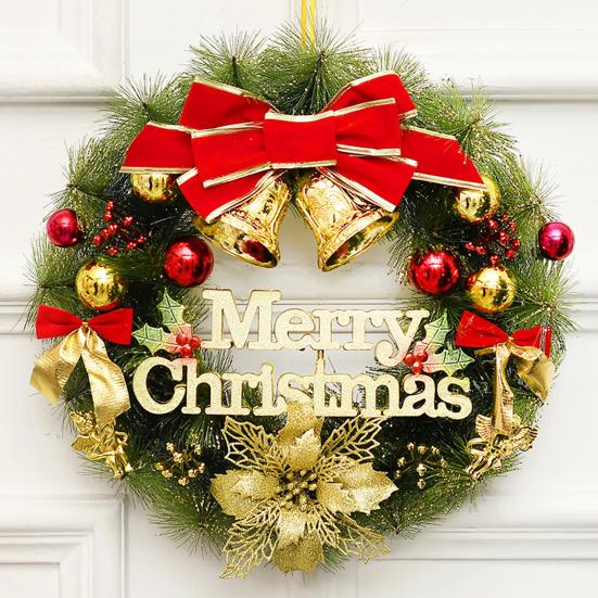 Christmas Wreath for Front Door Artificial Pine Needle Wreath with Balls Bows Flowers Merry Christmas Hanging Decor for Home Wall Window Porch Indoor